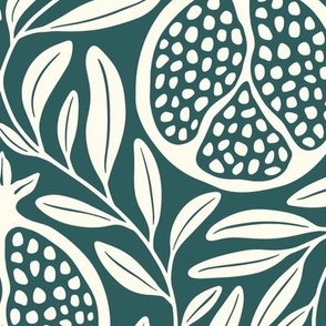 Block Print Pomegranates with Leaves - Forest Green and Cream - Extra Large (XL) Scale - Traditional Botanical with a Modern Flair