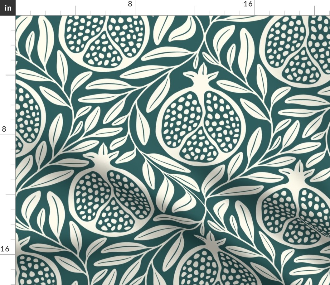 Block Print Pomegranates with Leaves - Forest Green and Cream - Extra Large (XL) Scale - Traditional Botanical with a Modern Flair