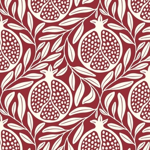 Block Print Pomegranates with Leaves - Merlot Red and Cream - Extra Large (XL) Scale - Traditional Botanical with a Modern Flair