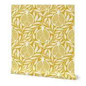 Block Print Pomegranates with Leaves - Gold and Cream - Extra Large (XL) Scale - Traditional Botanical with a Modern Flair