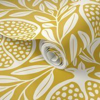 Block Print Pomegranates with Leaves - Gold and Cream - Extra Large (XL) Scale - Traditional Botanical with a Modern Flair