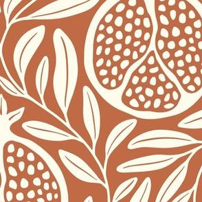 Block Print Pomegranates with Leaves - Rust Orange and Cream - Extra Large (XL) Scale - Traditional Botanical with a Modern Flair