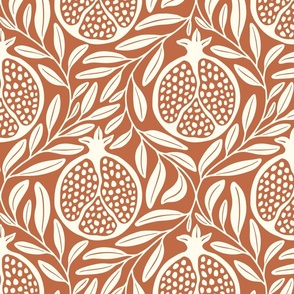 Block Print Pomegranates with Leaves - Rust Orange and Cream - Extra Large (XL) Scale - Traditional Botanical with a Modern Flair