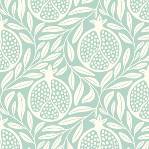 Block Print Pomegranates with Leaves - Mint Green and Cream - Extra Large (XL) Scale - Traditional Botanical with a Modern Flair