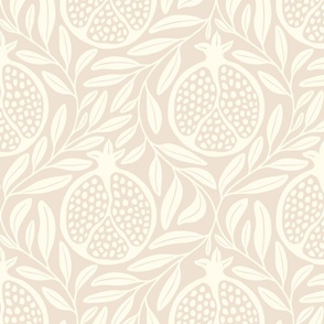 Block Print Pomegranates with Leaves - Almond and Cream - Extra Large (XL) Scale - Traditional Botanical with a Modern Flair