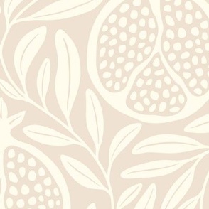 Block Print Pomegranates with Leaves - Almond and Cream - Extra Large (XL) Scale - Traditional Botanical with a Modern Flair