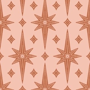 Retro Rustic Hand-Drawn Stars and Diamonds - Rust Orange and Rose Pink - Medium Scale - Vintage Geometric with Western Cowgirl Aesthetic