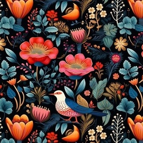 Folkloric floral bird roses plants neon