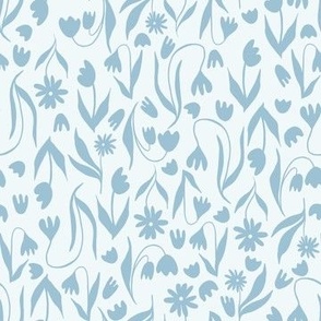Wildflower Silhouette Scatter Pattern in Medium Blue on Light Blue Background.