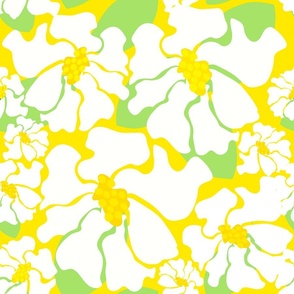 Woodcut White Daisy Garden Flowers On Bright Yellow With Green Leaves Cheerful Retro Modern Scandi Bold Floral Pattern