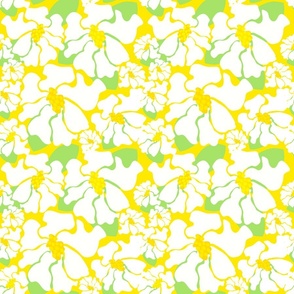 Woodcut White Daisy Garden Mini Flowers On Bright Yellow With Green Leaves Cheerful Retro Modern Scandi Bold Floral Pattern