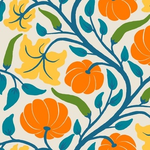 (L) Pumpkins and chillies - orange pumpkin and green chilli vine pattern with blue leaves on cream