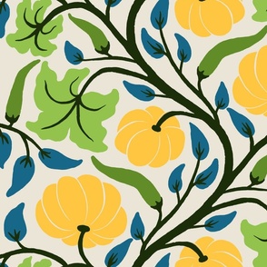 (L) Pumpkins and chillies - yellow pumpkin and green chilli vine pattern with blue leaves on cream
