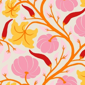 (L) Pumpkins and chillies - pink pumpkin and red chilli vine pattern with yellow leaves on cream