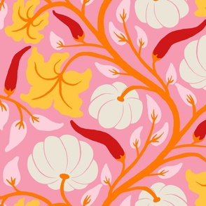 (L) Pumpkins and chillies - white pumpkin and red chilli vine pattern with yellow leaves on pink