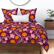 (L) Pumpkins and chillies - orange pumpkin and red chilli vine pattern with pink leaves on purple