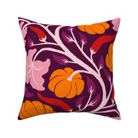 (L) Pumpkins and chillies - orange pumpkin and red chilli vine pattern with pink leaves on purple