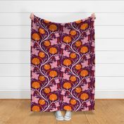 (L) Pumpkins and chillies - orange pumpkin and red chilli vine pattern with pink leaves on purple