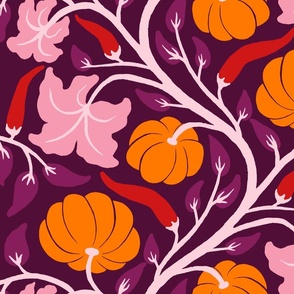 (L) Pumpkins and chillies - orange pumpkin and red chilli vine pattern with pink leaves on purple
