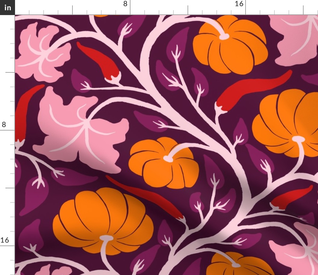 (L) Pumpkins and chillies - orange pumpkin and red chilli vine pattern with pink leaves on purple