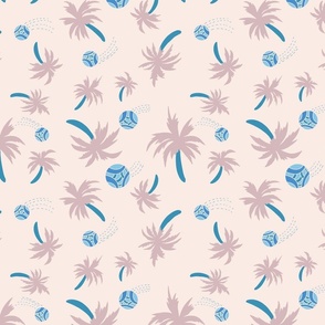 Tropical palm tree and beach volleyball on light pink cream 
