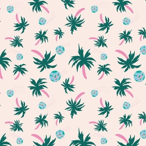 Tropical palm tree and beach volleyball on cream