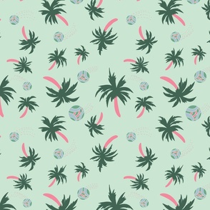 Tropical palm tree and beach volleyball on light green 
