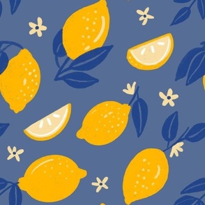 Amalfi Lemon Blossom - Seamless hand-drawn citrus pattern, yellow and blue