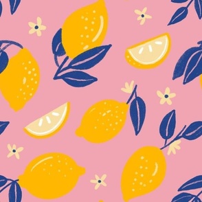 Amalfi Lemon Blossom - Seamless hand-drawn citrus pattern, yellow and pink