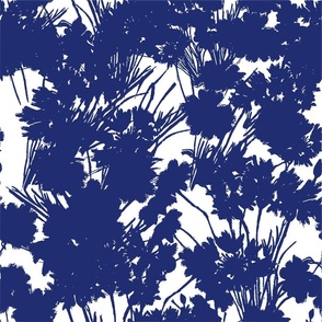 Wildflowers Silhouette Luxe Serene Botanical Blue And White Flowers And Wild Grass Field Design Navy Shadow Pattern