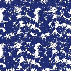 Wildflowers Silhouette Luxe Serene Botanical Mini Blue And White Flowers And Wild Grass Field Design Navy Shadow Pattern