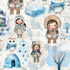 eskimo cute adventure igloo eskimo cute girls illustration of arctic adventure blue snow ice kids pattern