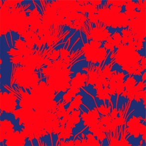 Wildflowers Silhouette Luxe Serene Botanical Red On Navy Blue Flowers And Wild Grass Field Design Summer Shadow Pattern
