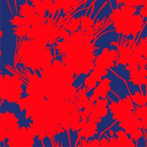 Big Wildflowers Silhouette Luxe Serene Botanical Red On Navy Blue Flowers And Wild Grass Field Design Summer Shadow Pattern