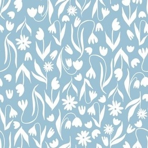 Wildflower Silhouette Scatter Pattern in Blue and White.
