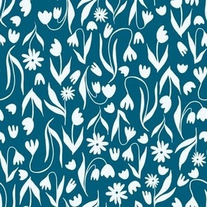 Wildflower Silhouette Scatter Pattern in Blue and White.