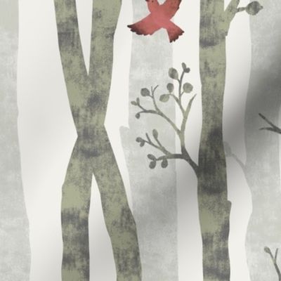 Large Spring Forest Red Bird on Grey