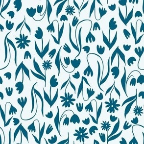 Wildflower Silhouette Scatter Pattern in Blue on a Light Blue Background.