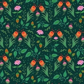 Small Floral on Dark Forest Green - Fantasy Flowers