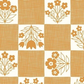  Linen Checkerboard Floral-Mustard Gold Large