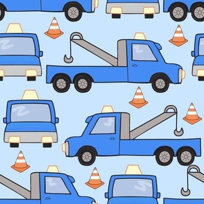 Blue Tow Trucks and Construction Cones For Boys and Truck Lovers on Light Blue