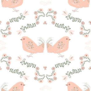 Scandinavian Folk Art embroidery birds & block print flowers, white & pink
