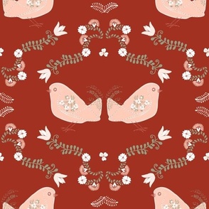 Scandinavian Folk Art embroidery birds and block print flowers / red & pink