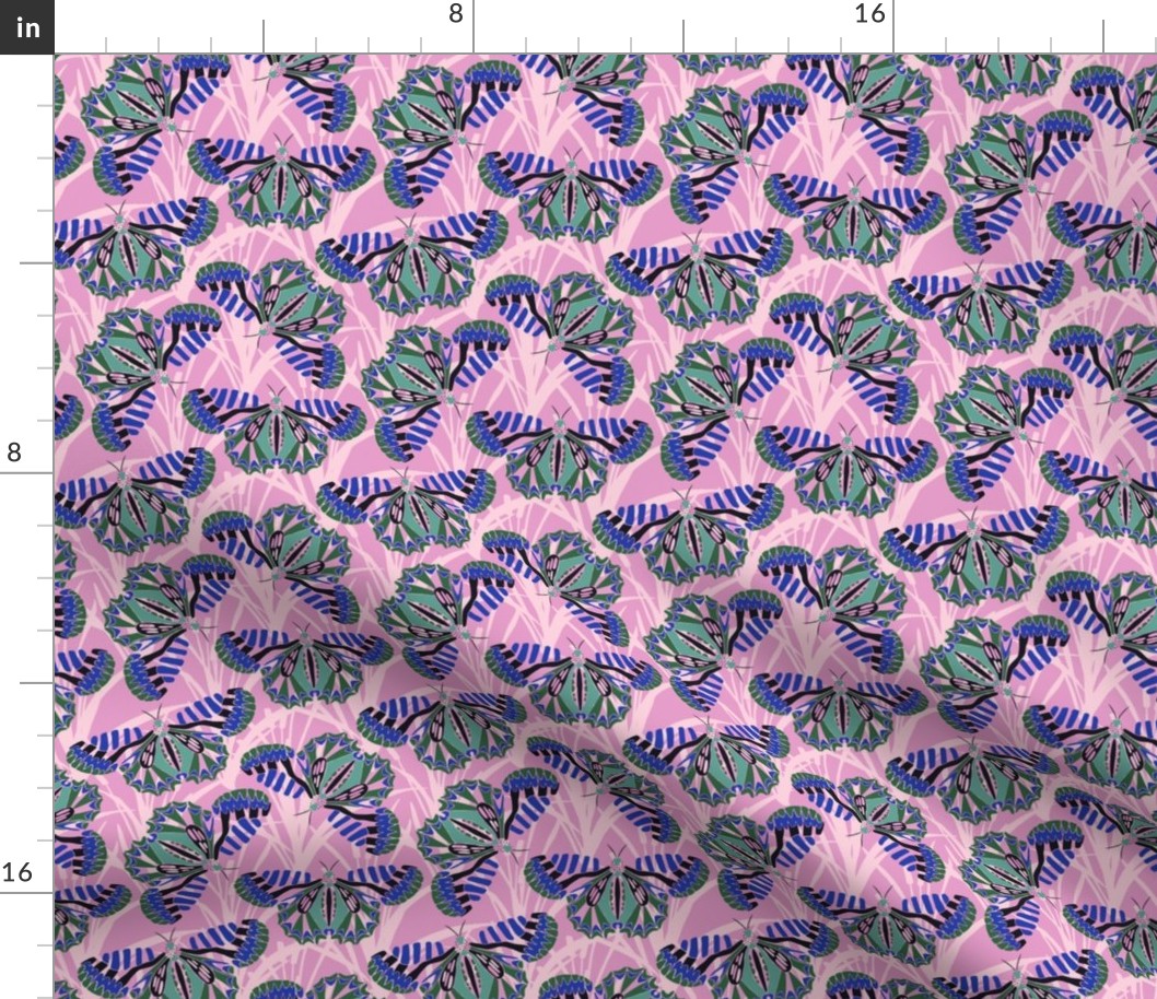 Geo Butterflies Blue Green Black Lilac Medium Scale Fabric Wallpaper