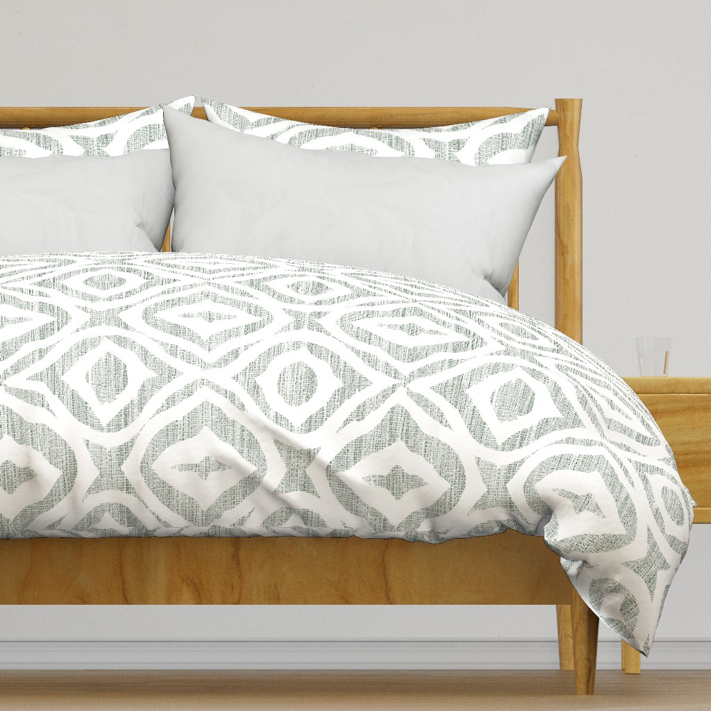 Boho Rubber Blockprint Off-white on green with linen structure - large scale