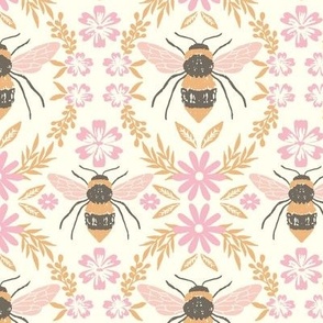Floral Damask Bumblebees-Pink and Gold Large