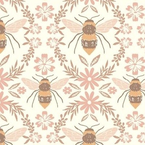 Floral Damask Bumblebees-Pink and Brown Large