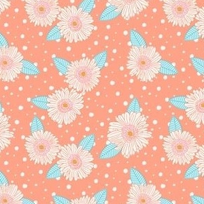 Spring daisies on melon with hand drawn polka dots