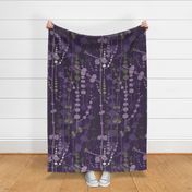 Jumbo - Beauty berry plants silhouetted and layered in shades of violet, lavender and sage green on a deep plum purple background. For wallpaper in any room.