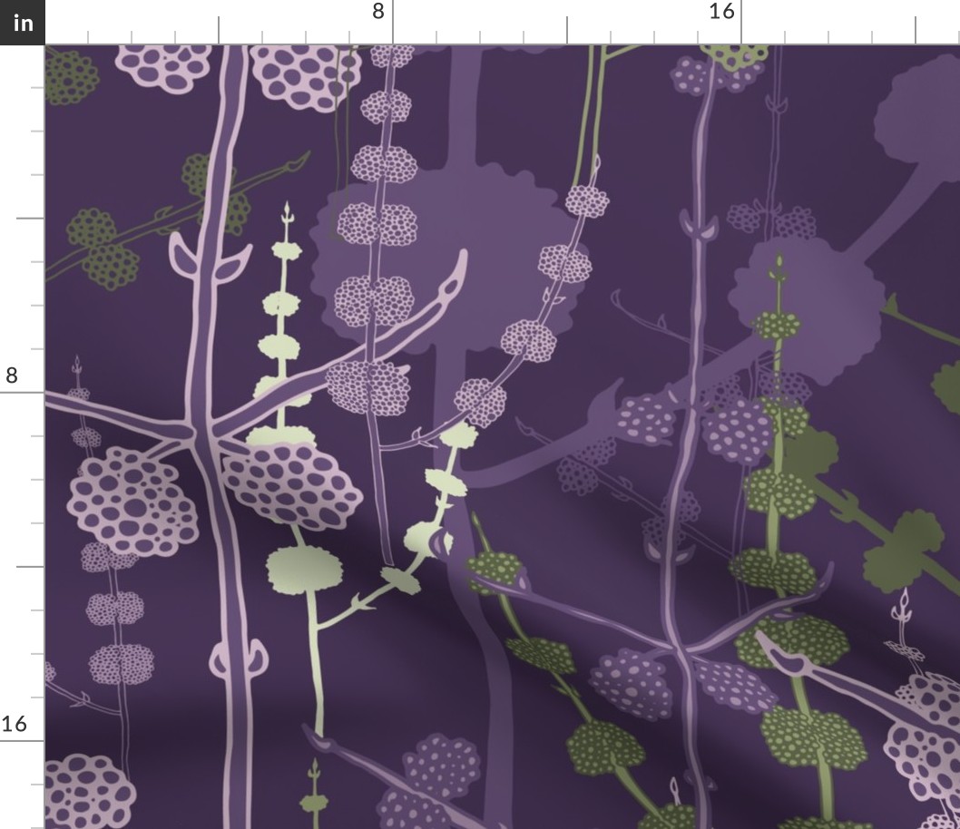 Jumbo - Beauty berry plants silhouetted and layered in shades of violet, lavender and sage green on a deep plum purple background. For wallpaper in any room.